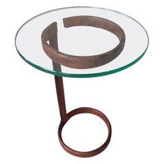 Vintage Jaques Adnet Round Side Table in Leather and Glass