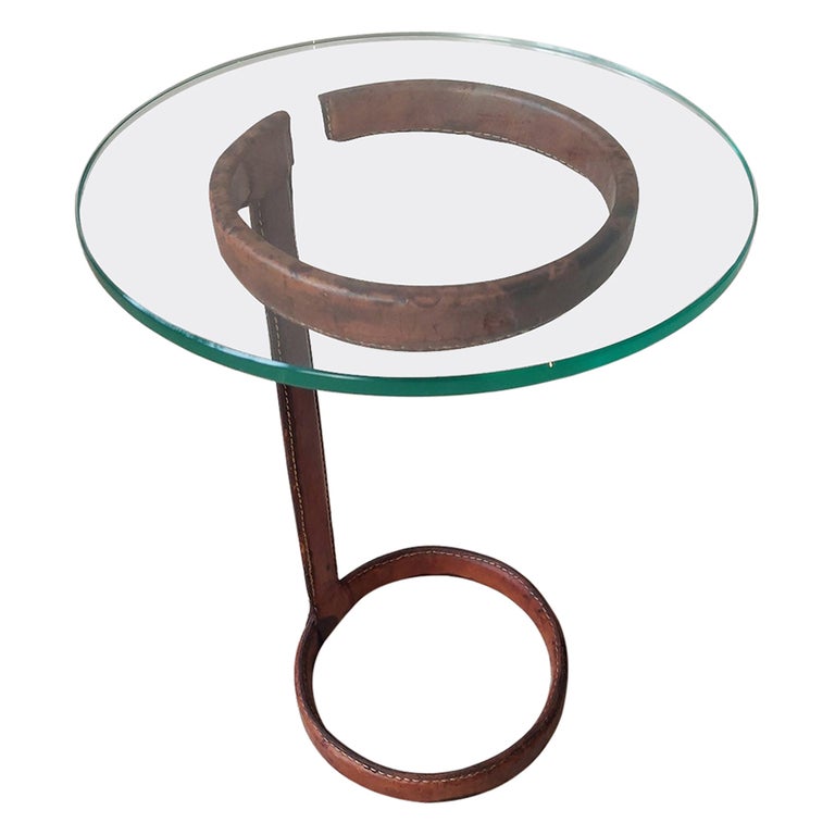 Vintage Jaques Round Side Table in Leather and Glass at 1stDibs