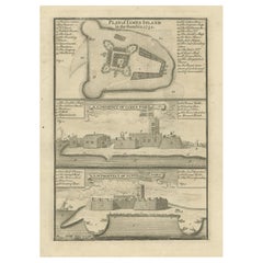 Antique Print with a Plan of Kunta Kinteh Island and views of Fort James, Gambia