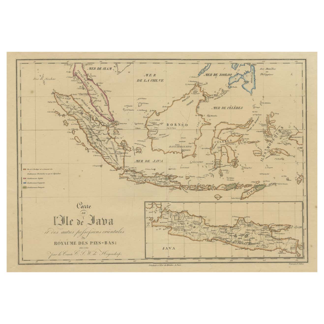 Java Country Ancient Map Antique Map of the East Indies, with inset map of Java, Indonesia For ...