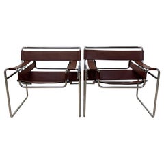 Marcel Breuer Brown Leather and Chrome Wassily Chairs by Gavina Spa, a Pair