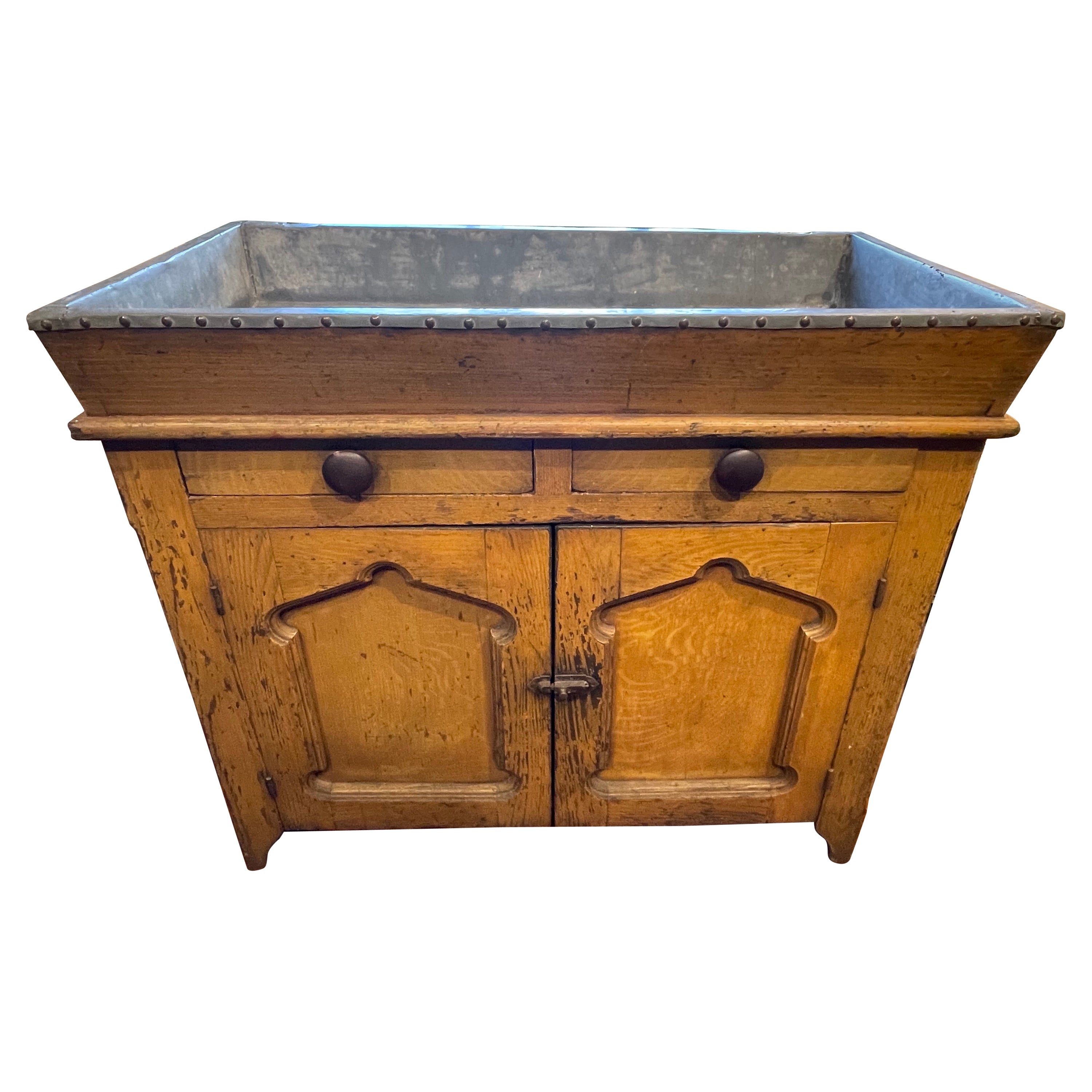 19th Century Dry Sink with Zinc Top and Mustard Paint