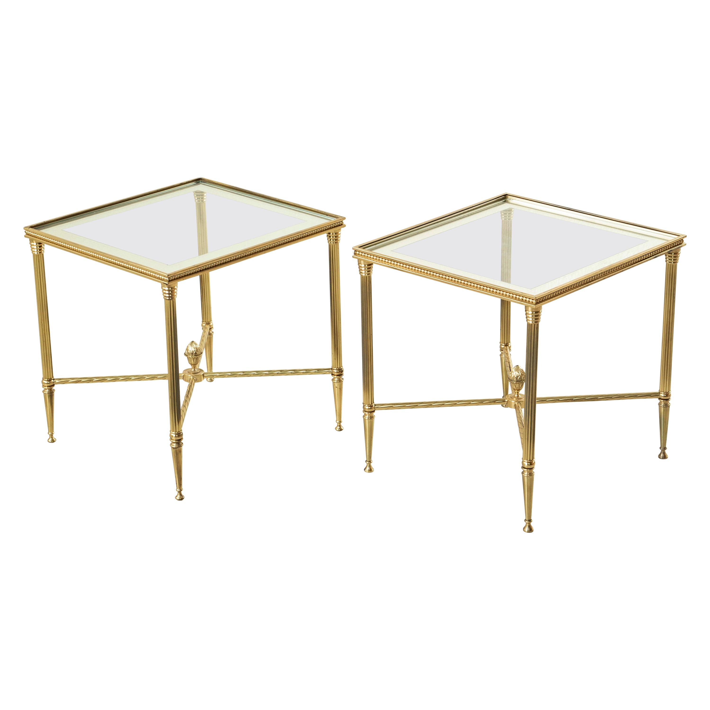 Pair of Mid-Century French Maison Bagues Brass and Beveled Glass Side Tables