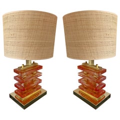 Contemporary Pair of Brass and Murano Glass Red Blade Lamps, Italy