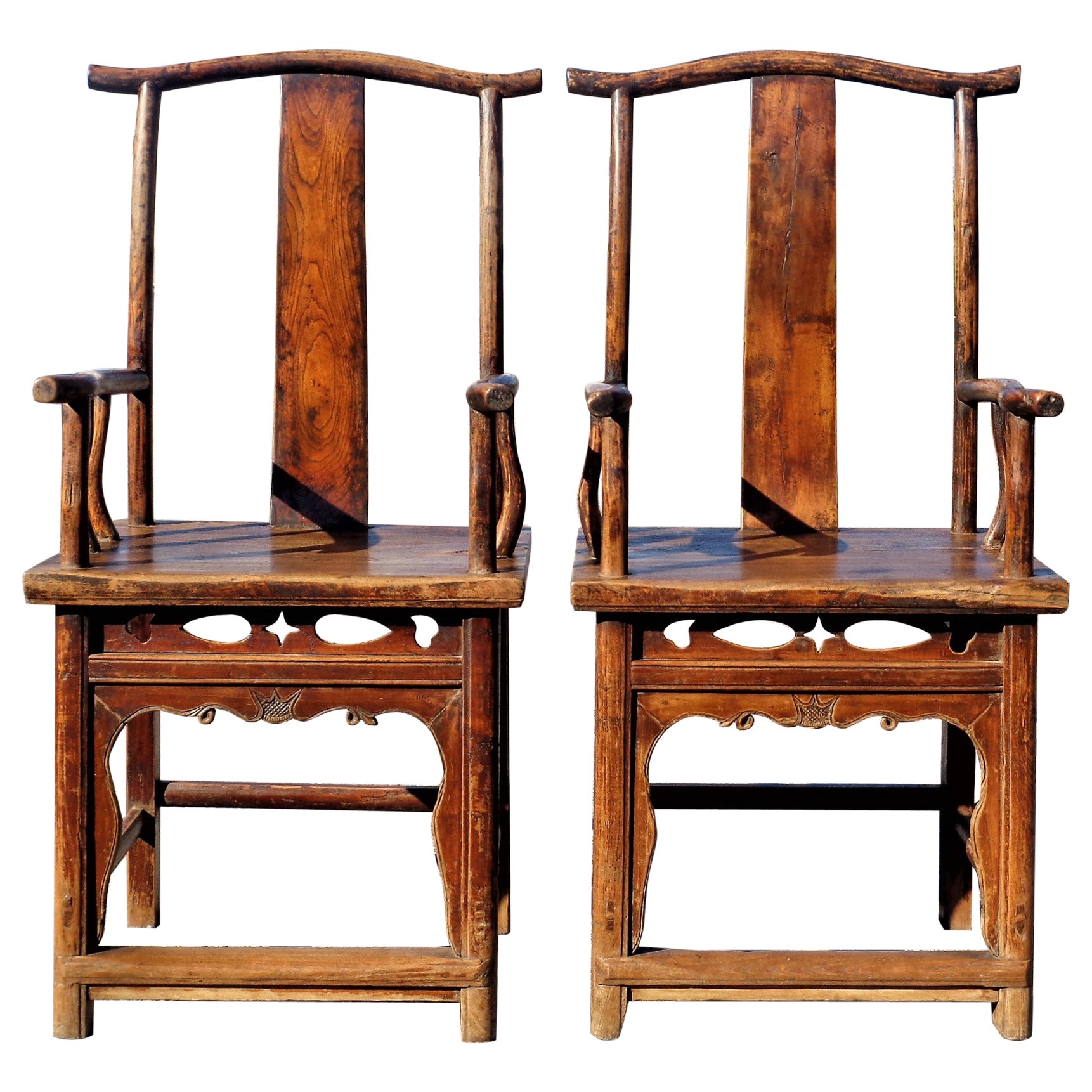 19th C. Chinese Qing Dynasty Hardwood Official's Cap Armchairs  For Sale
