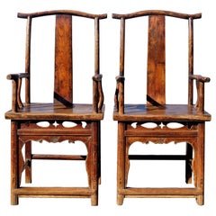 Antique 19th C. Chinese Qing Dynasty Hardwood Official's Cap Armchairs 