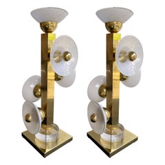 Contemporary Pair of Brass and Murano Glass Parabolical Lamps, Italy