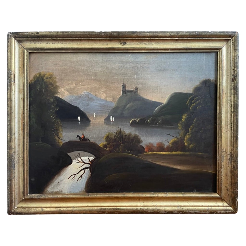 19th Century American Folk Art Oil Painting Landscape Sailboats On River 