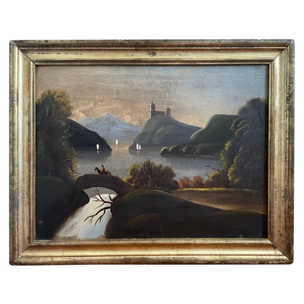 Pittura ad olio di arte popolare americana del XIX secolo Paesaggio di barche a vela sul fiume