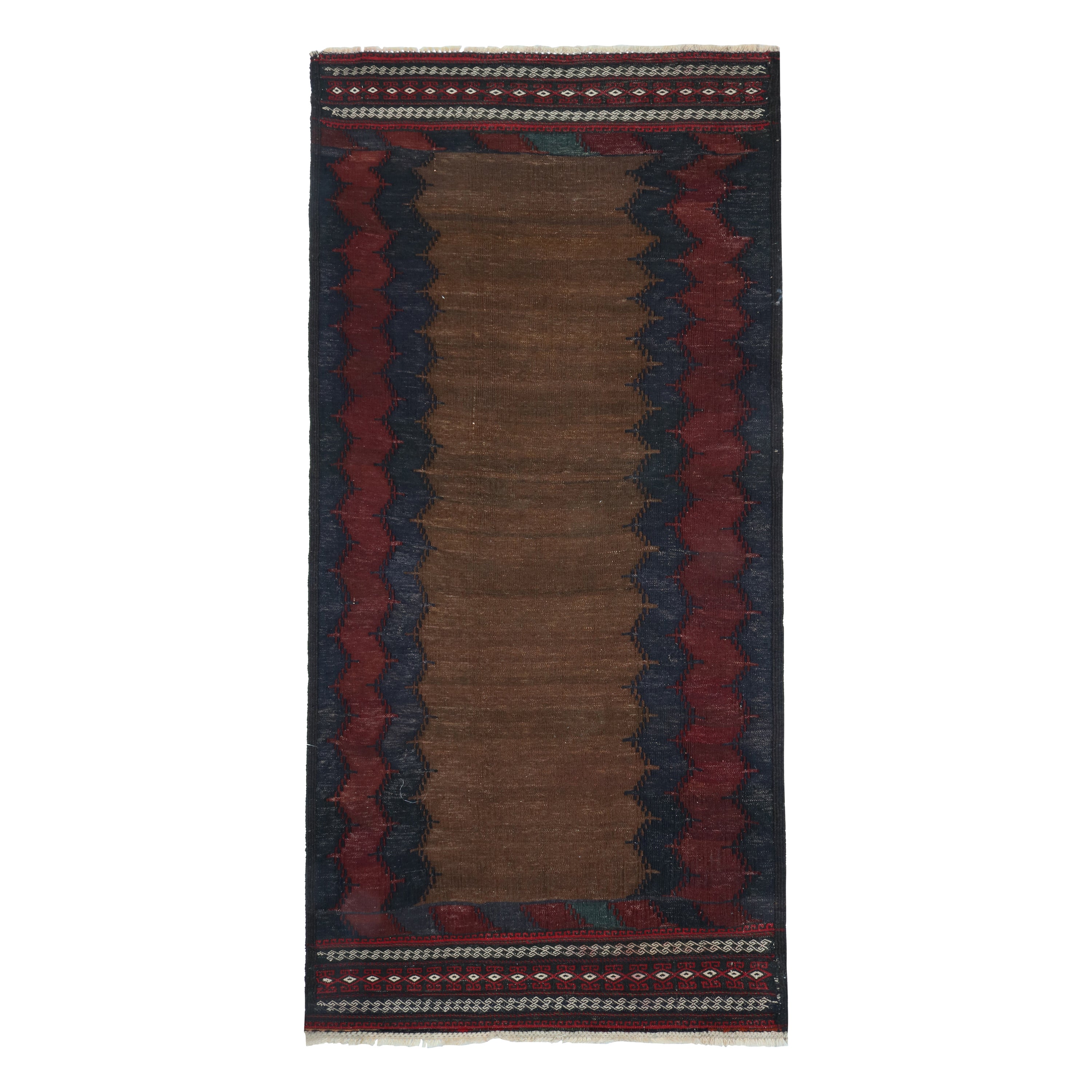 Vintage Sofreh Persian Kilim in Brown with Blue & Red Borders - by Rug & Kilim For Sale