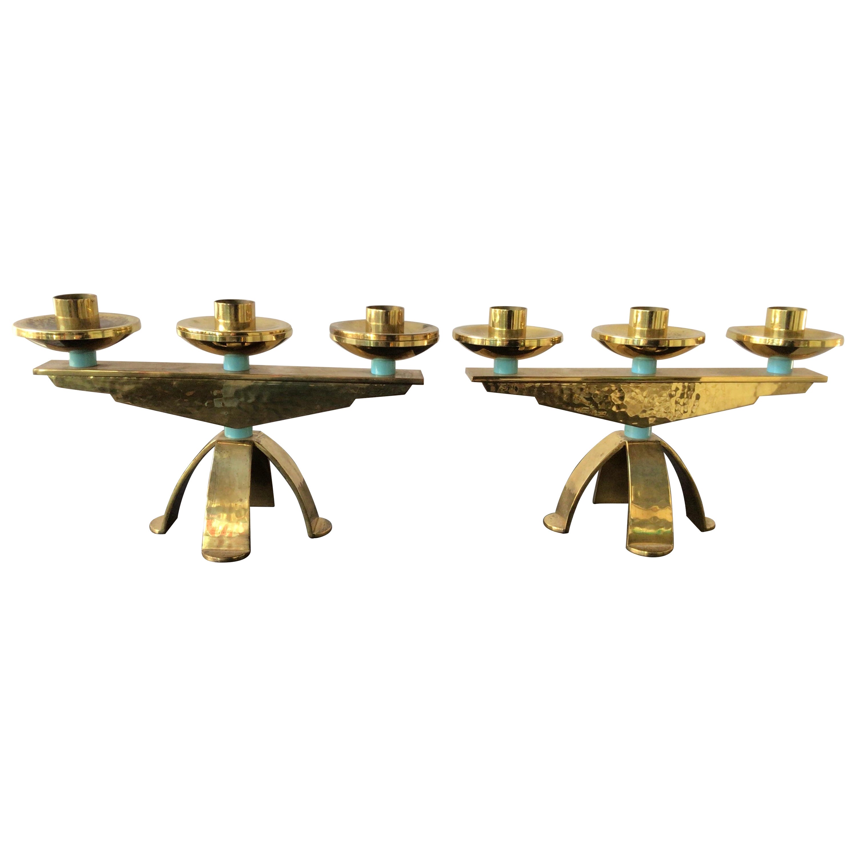 Pair of 1960s Swiss Hand Hammered Brass Candlestick’s For Sale