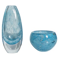 Vintage Pair of Asta Strömberg Bubble Vases Light Blue Crystal Strömbergshyttan