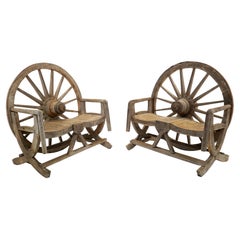 Retro Pair of Rustic Authentic Wagon Wheel Settees / Benches