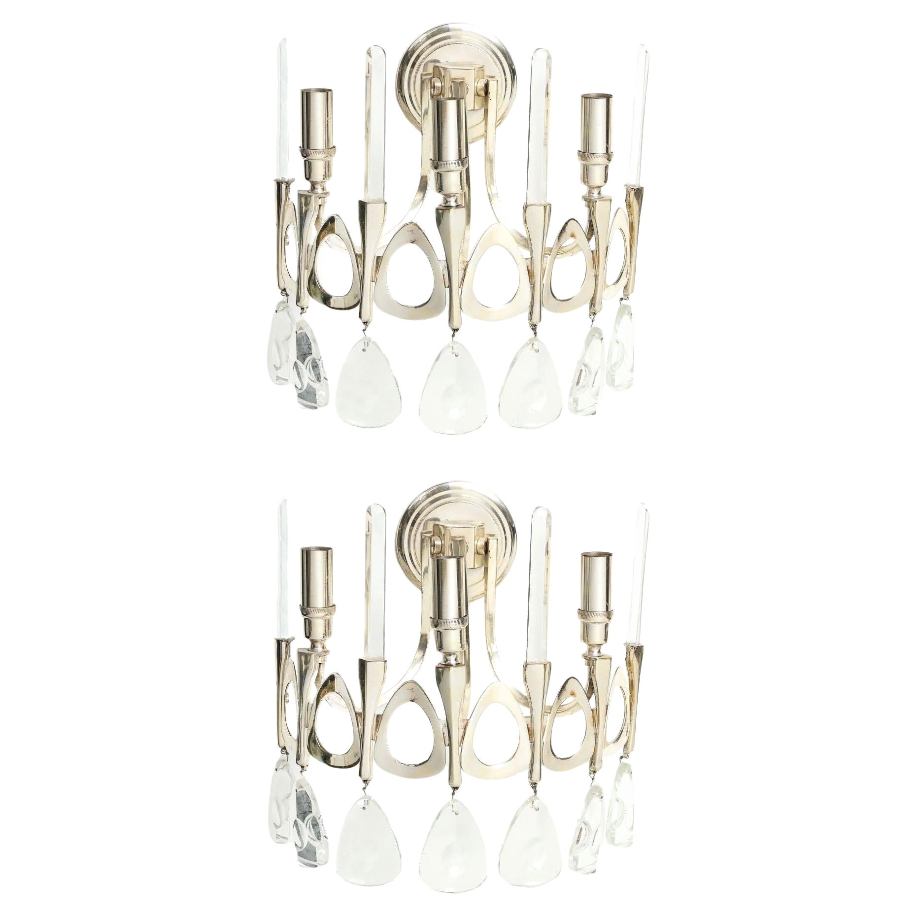 Pair of Gaetano Sciolari Sconces with Crystal Beveled Drops For Sale