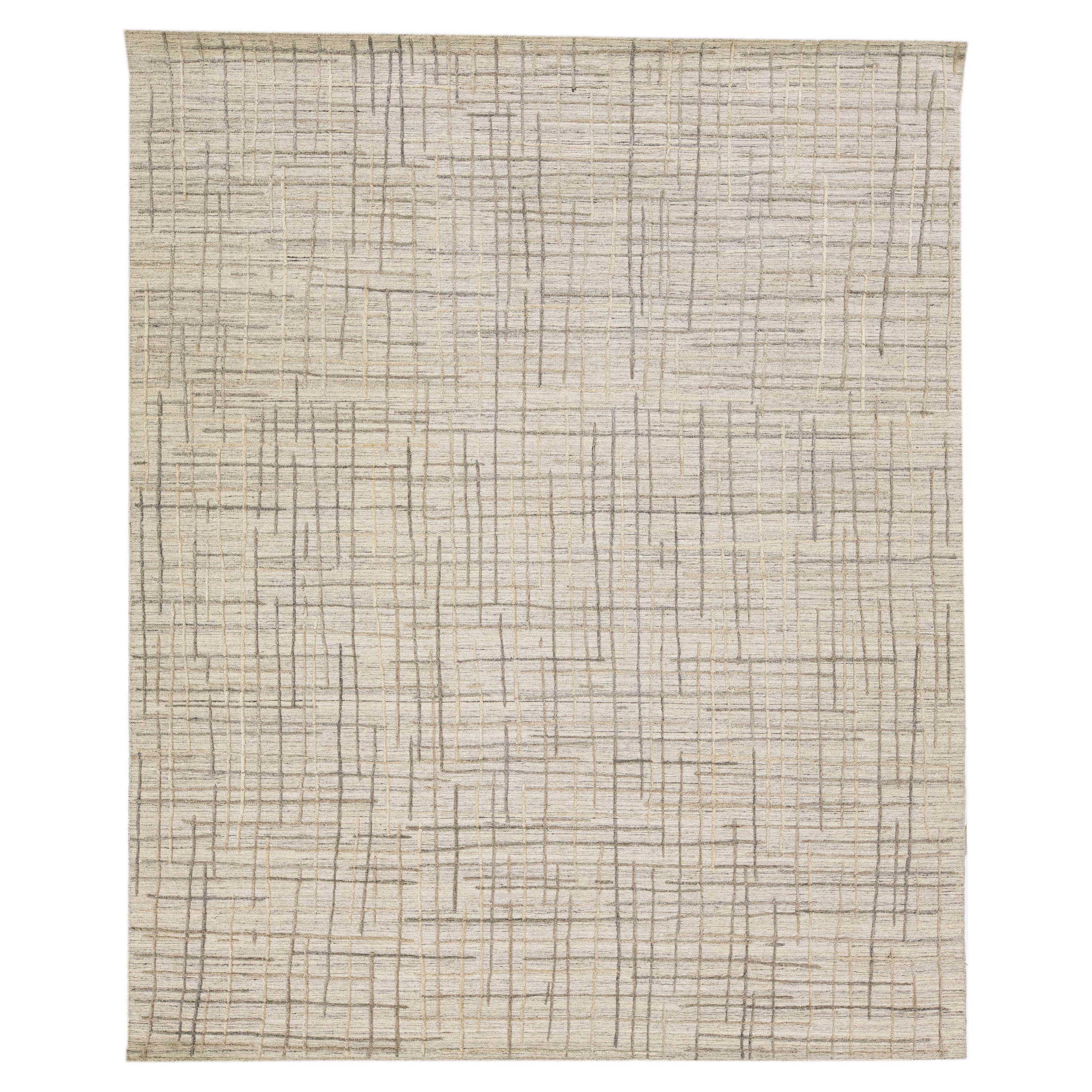 Modern Texture Handmade Abstract Beige & Gray Wool Rug For Sale