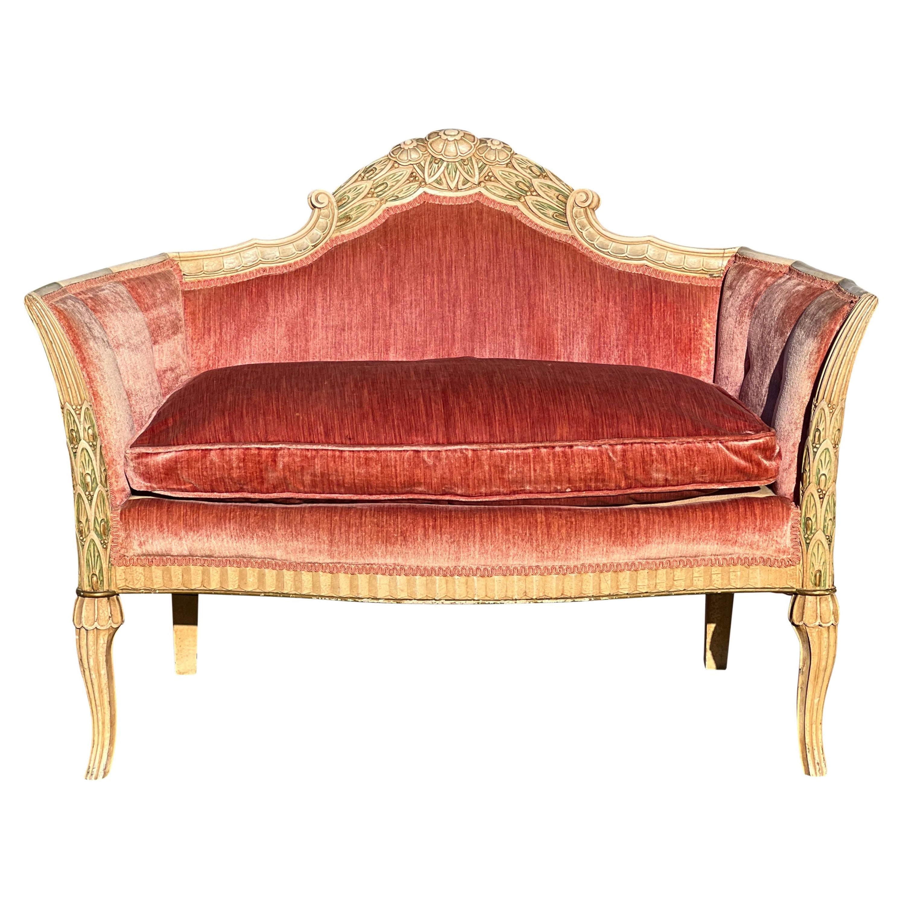 19th Century French Louis XVI Style Carved Velvet Settee
