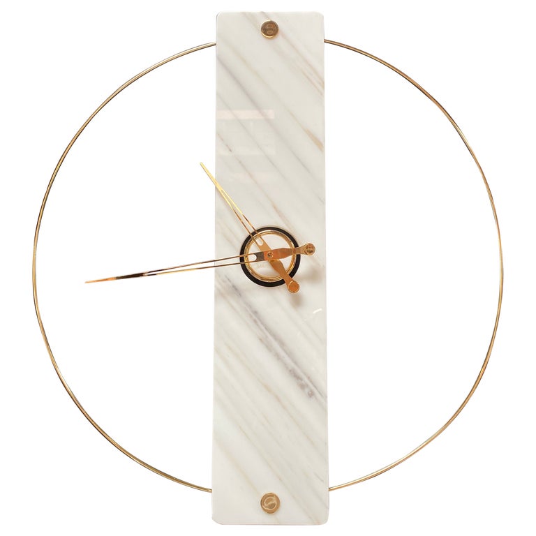 Sculptural Modern Clock with Carrara Marble and Finishes in Brass For