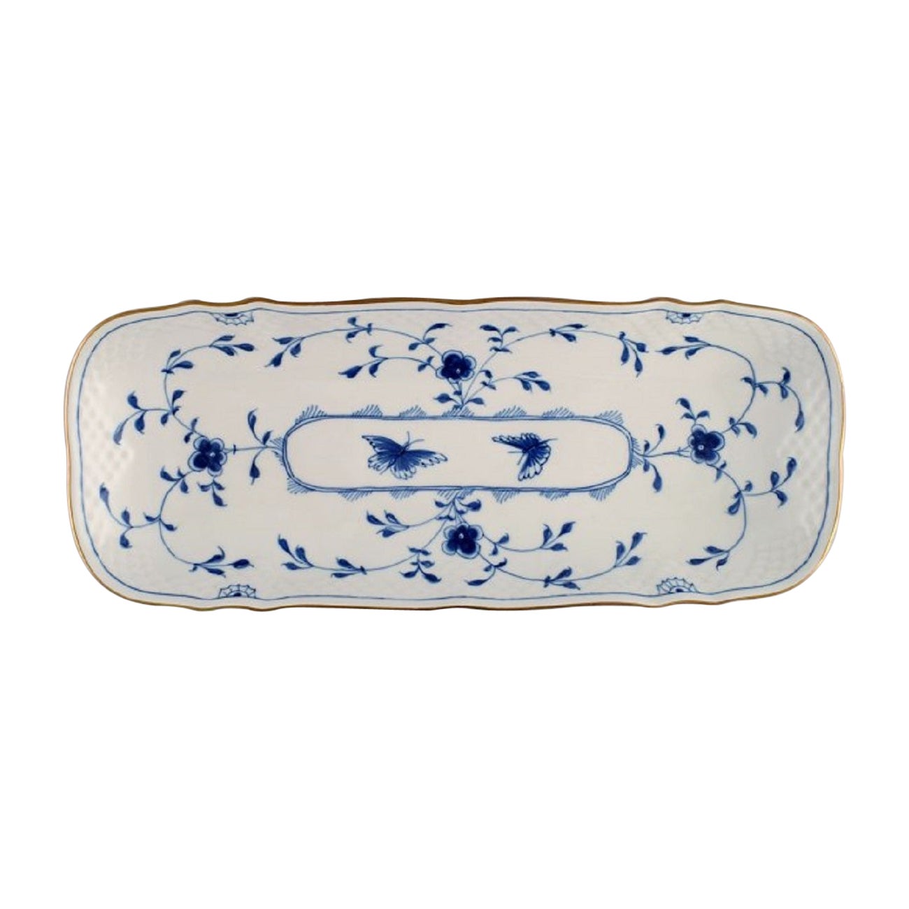 Oblong Bing & Grøndahl Butterfly dish in hand-painted porcelain with gold rim.  For Sale
