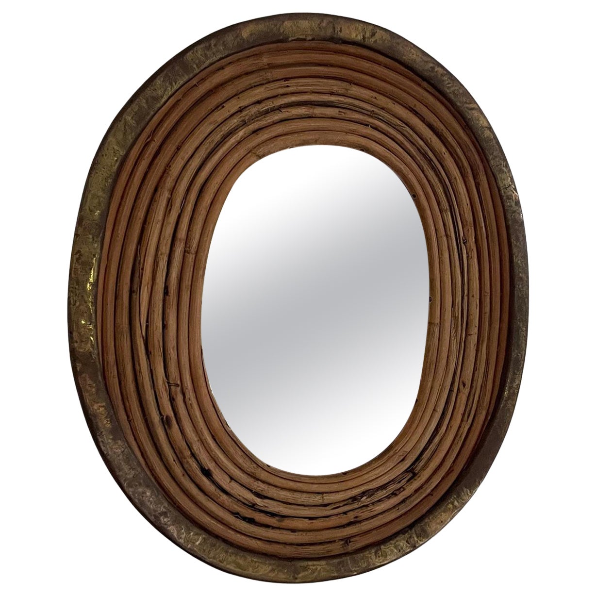 Italian Midcentury Rattan & Brass Petite Wall Mirror For Sale