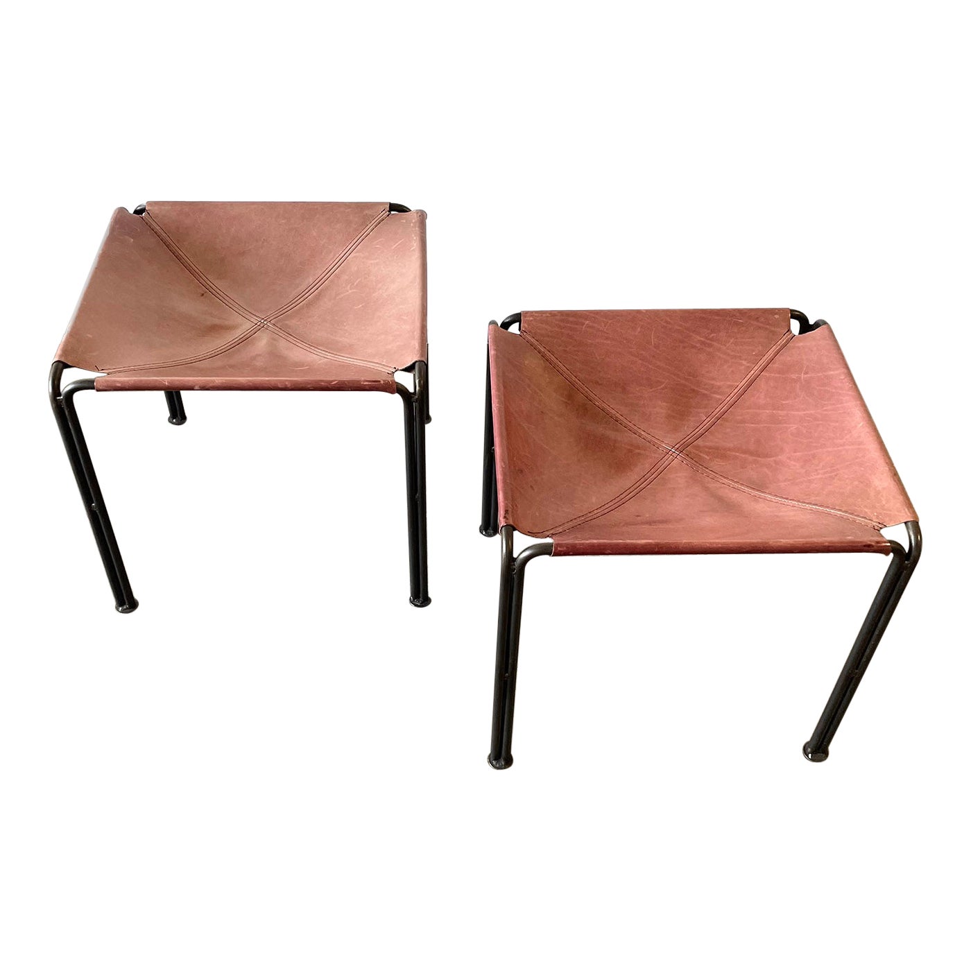Pair of Rose Leather & Iron Sling Stools For Sale