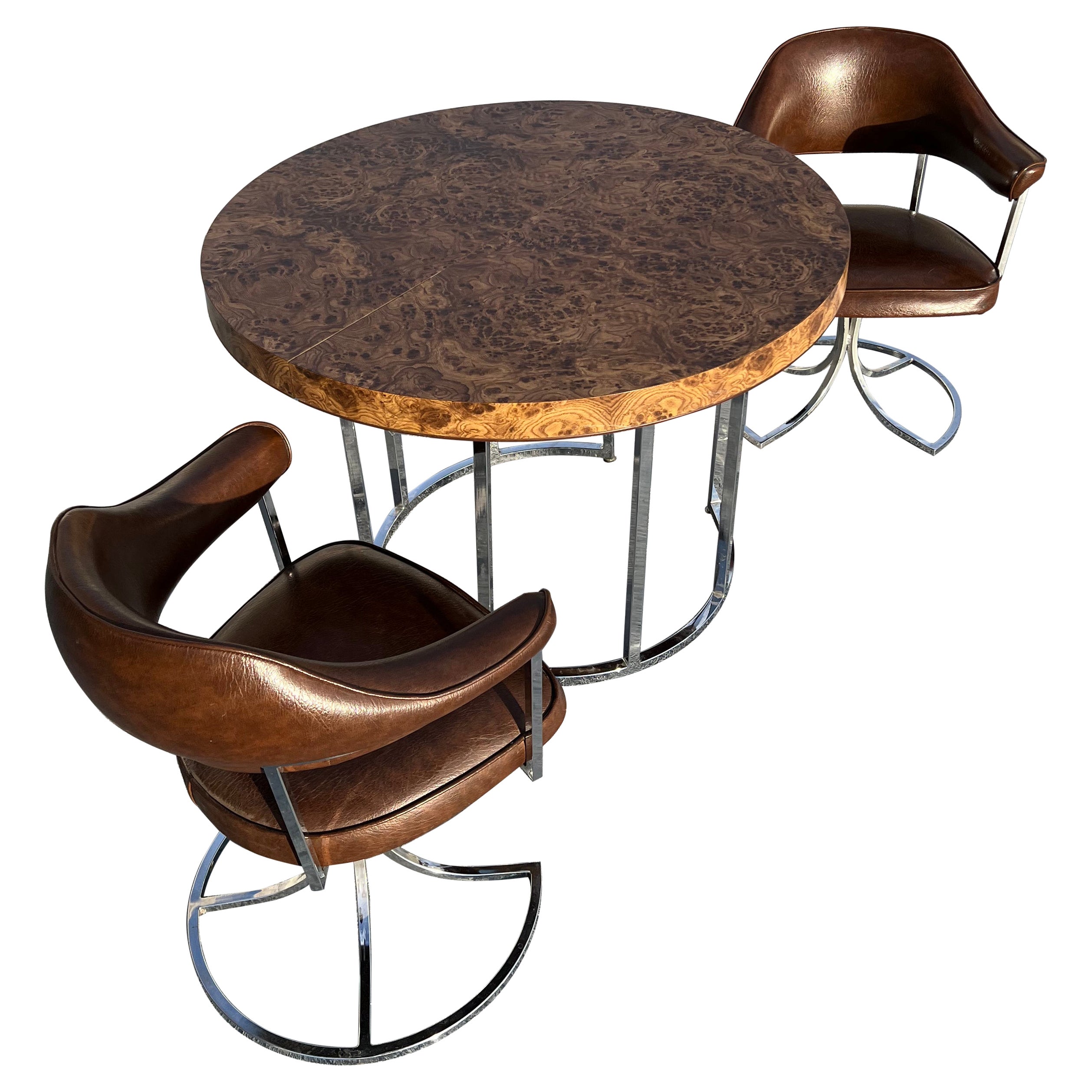 Burl & Chrome Bistro Table with 2 Mid-Century Cal-Style Leather Swivel Chairs For Sale