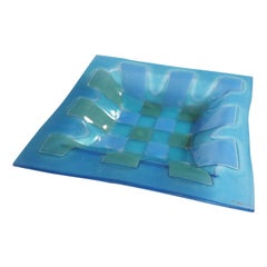 Vintage Higgins Art Glass Tray in Aqua and Blue Patchwork