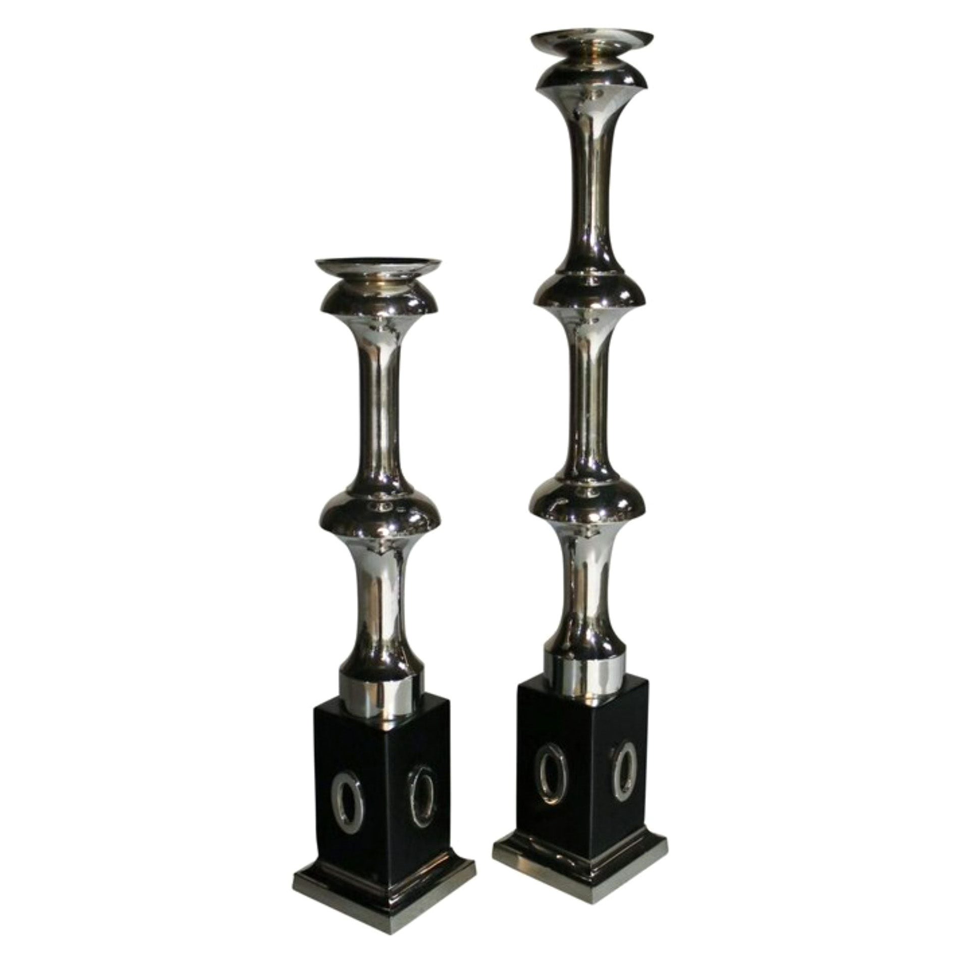 Tall Pair of Nickel Candle Holders by Global Views For Sale