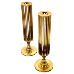 Pair of Mid-Century Caged Brass Cylinder Candlesticks