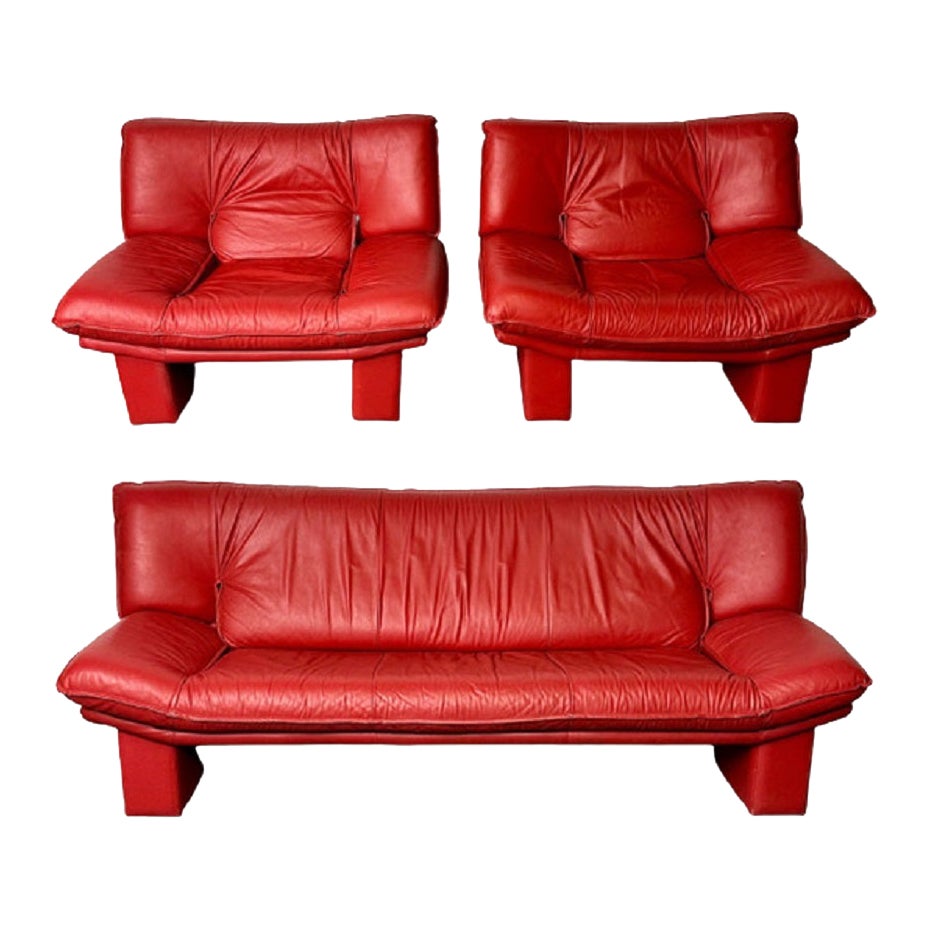Italian Leather Club Chairs and Sofa, Living Room Set, Bitonto, Double Cushions