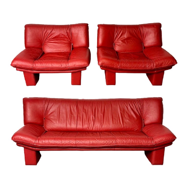 Italian Leather Club Chairs and Sofa, Living Room Set, Bitonto, Double Cushions For Sale at 1stDibs