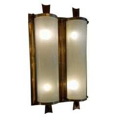 Art Deco White Glass and Brass Frame Wall Sconce