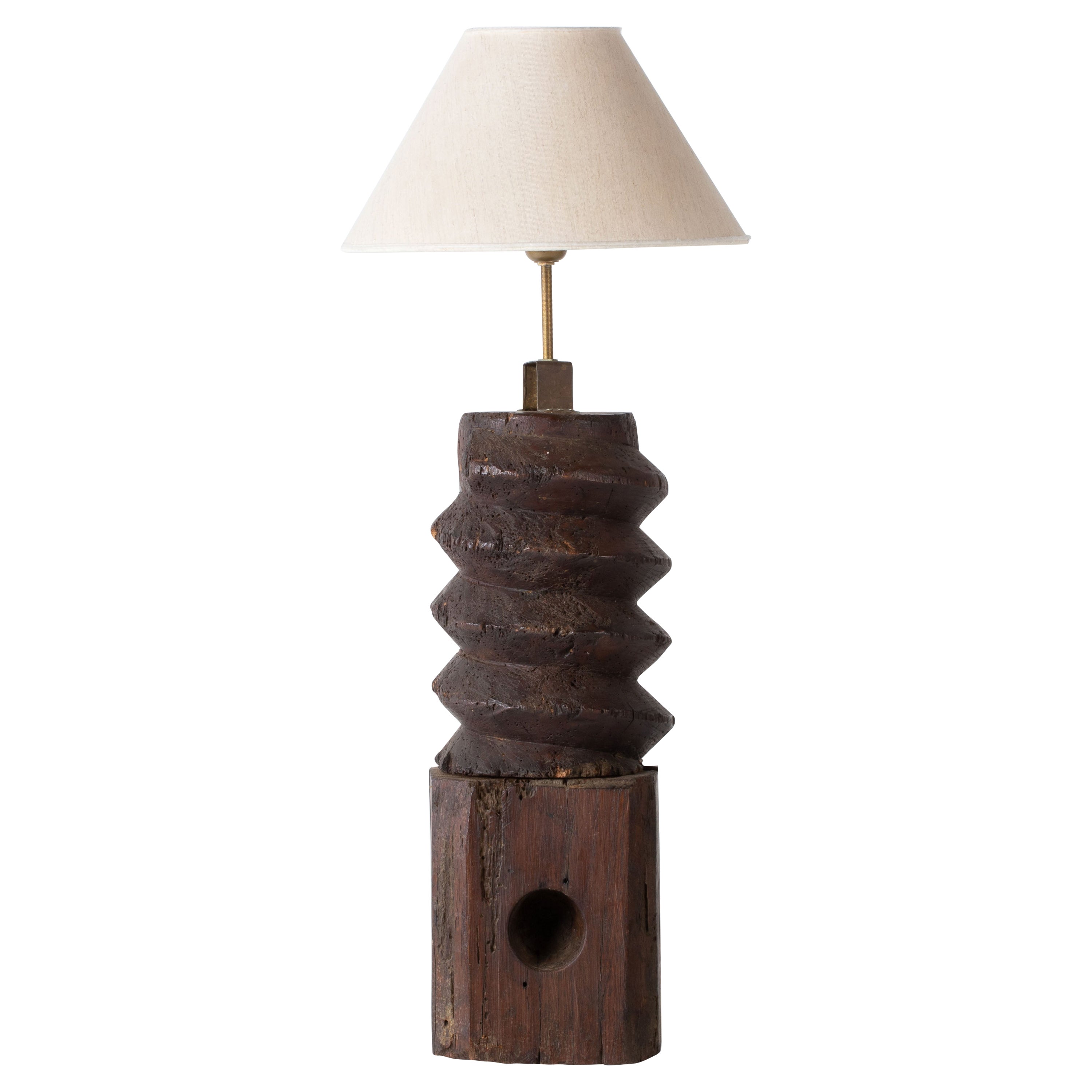 Authentic Brutalist Table Lamp in Oak, France, 1940 For Sale