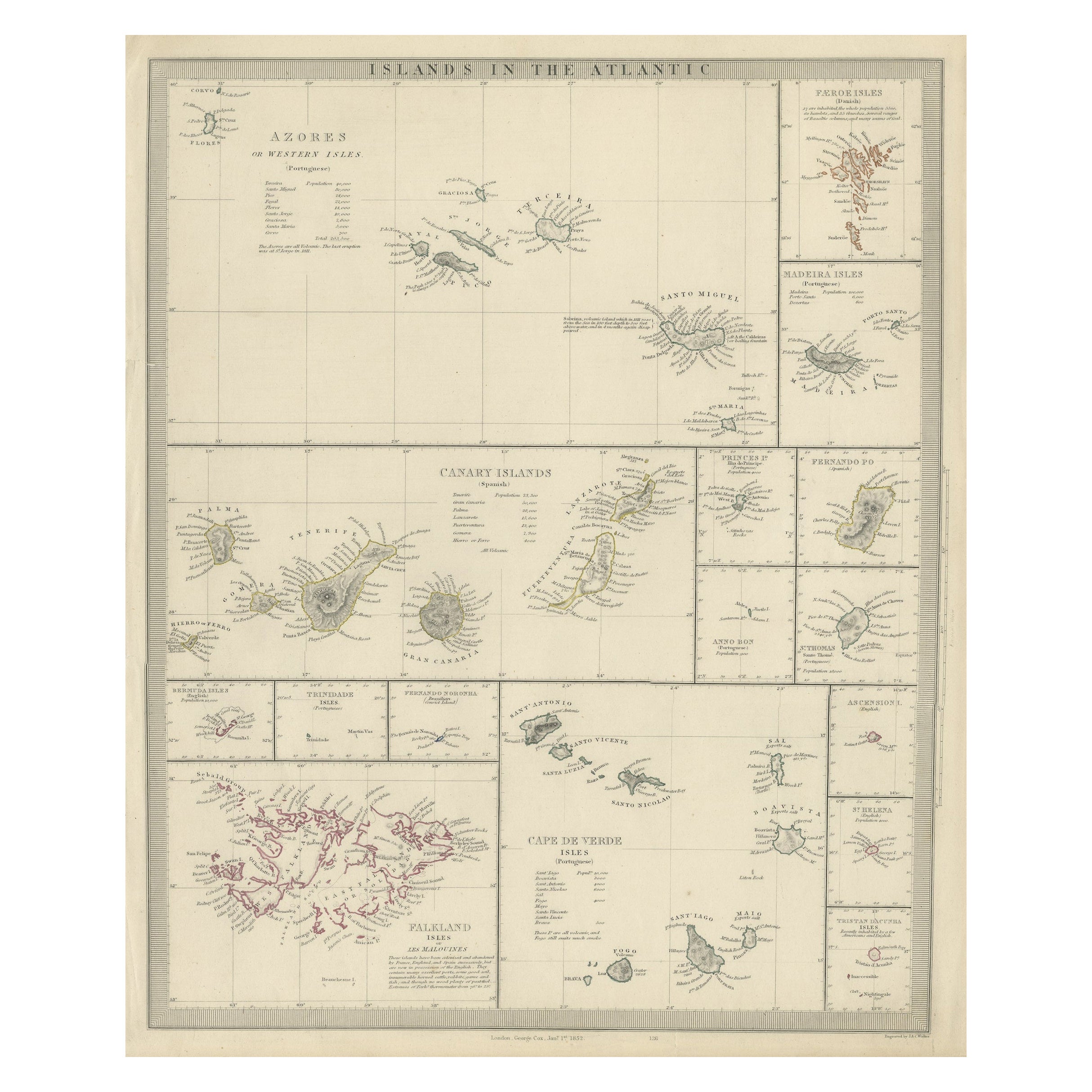 Antique Map of the Islands in the Atlantic Ocean including Bermuda & Cape Verde For Sale