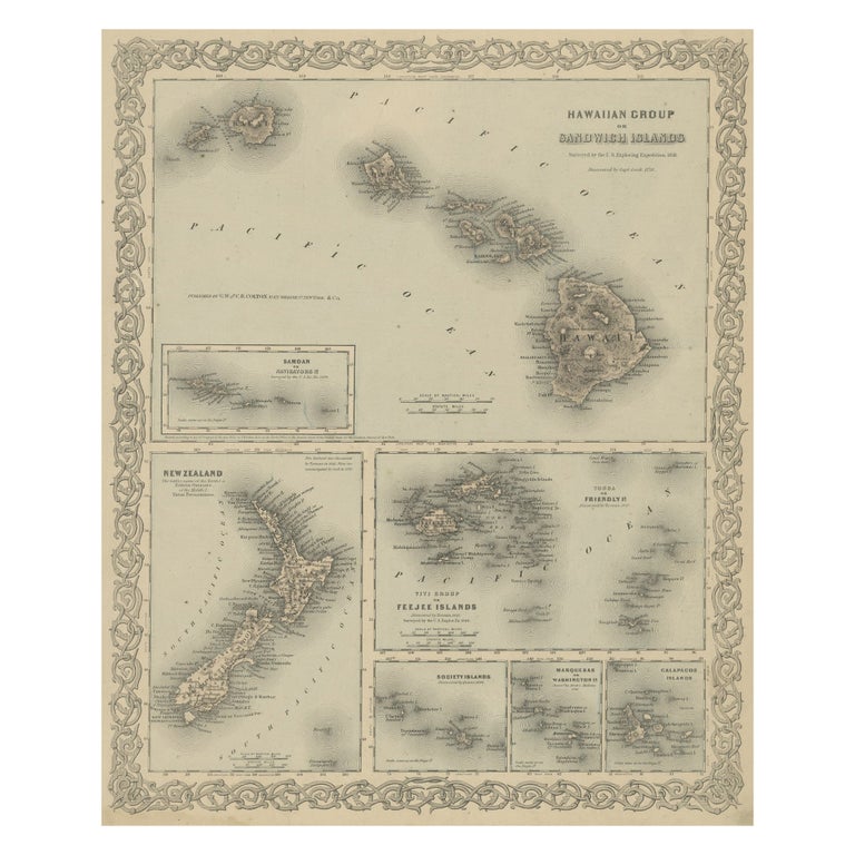 Carte Ancienne D'Hawaï 1893 – Reproduction Vintage – Encadrement Prêt