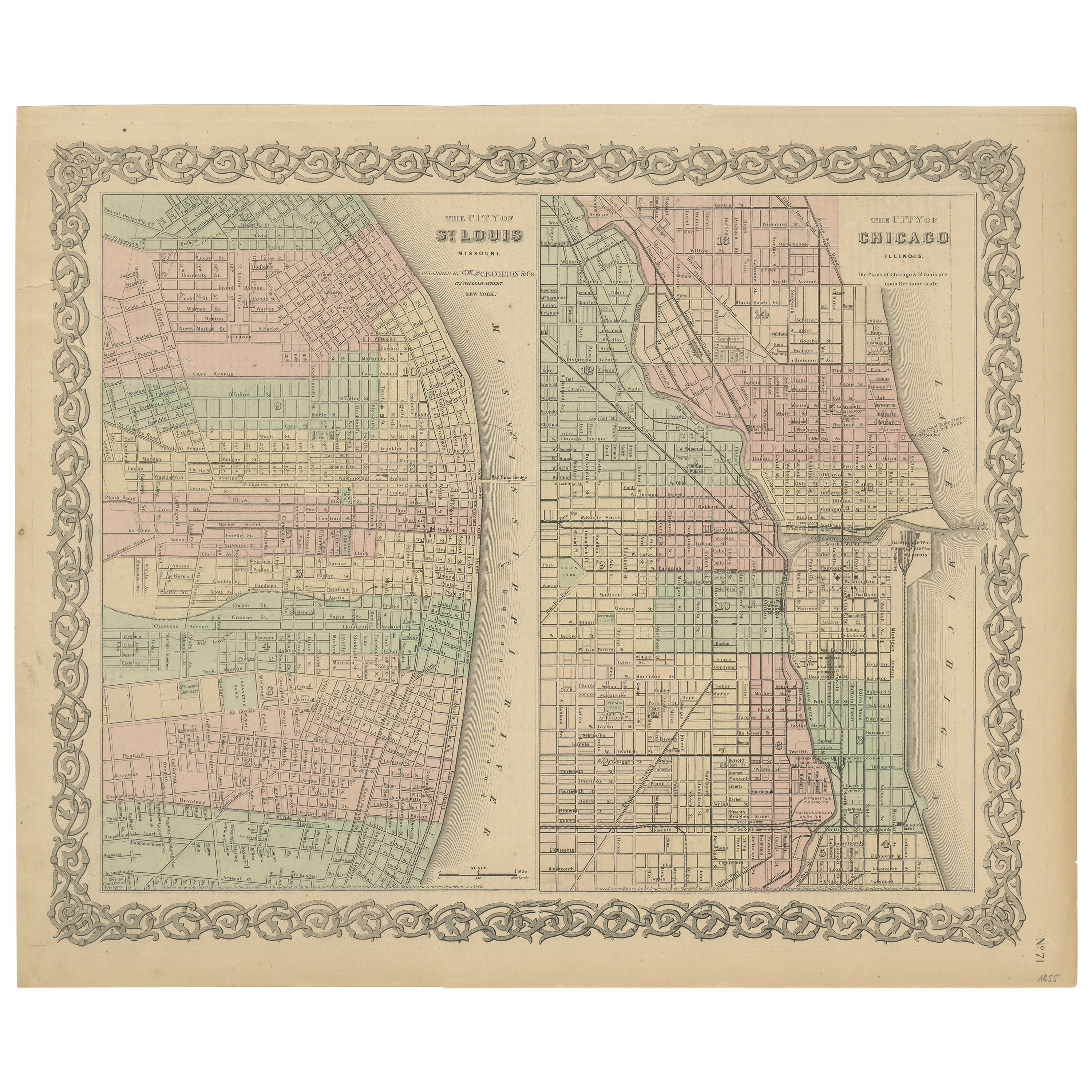 Antique Map of St. Louis and Chicago For Sale