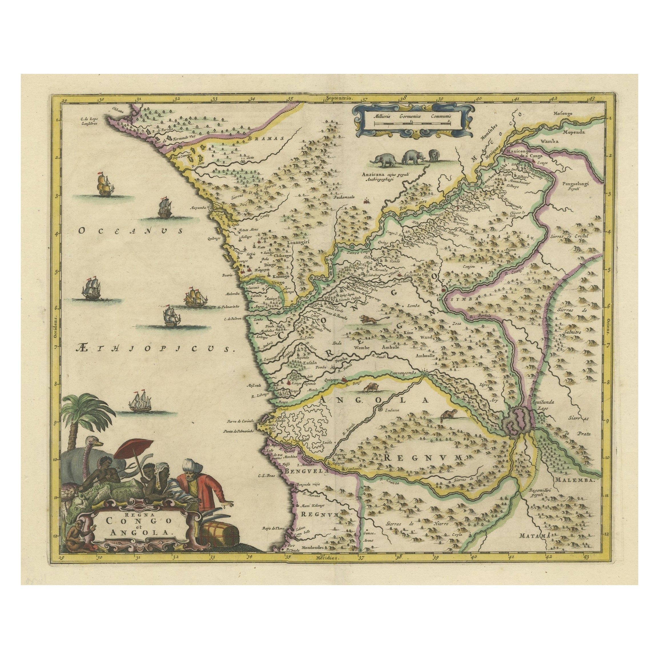 Antique Map of West Africa, focused on the Congo and Angola