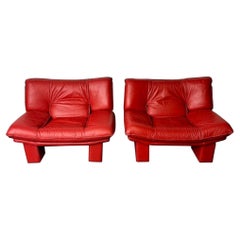 Italian Modern Leather Pair of Arm, Lounge Chairs, Bitonto, Red Leather