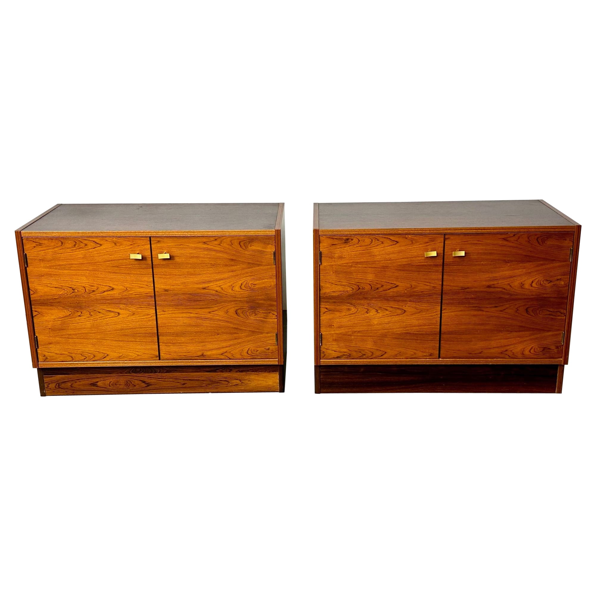 Pair Mid-Century Modern Rosewood Nightstands / Cabinets, Chests Brass Pulls