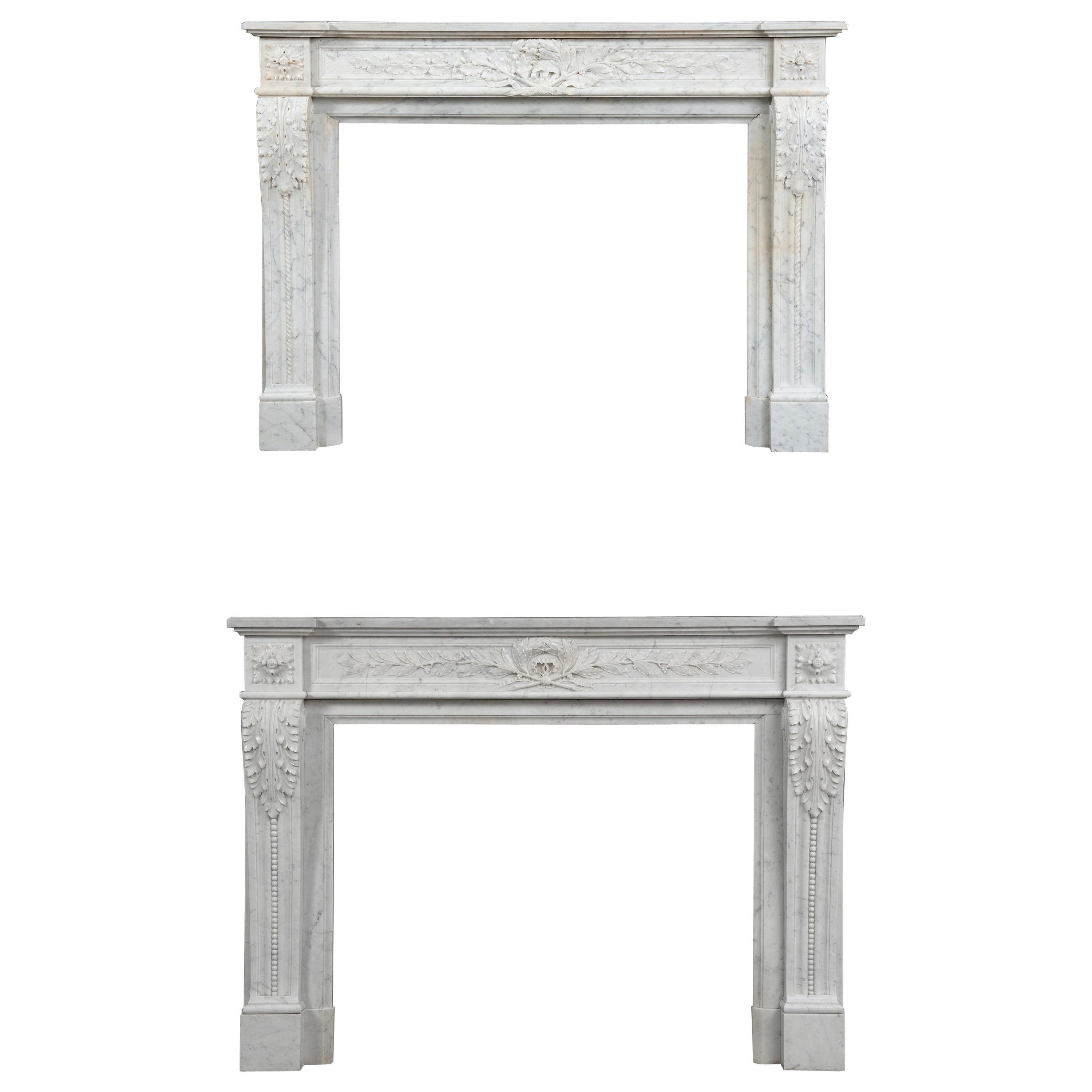 Set of French Antique Carrara White Marble Louis XVI Fireplace Mantels For Sale