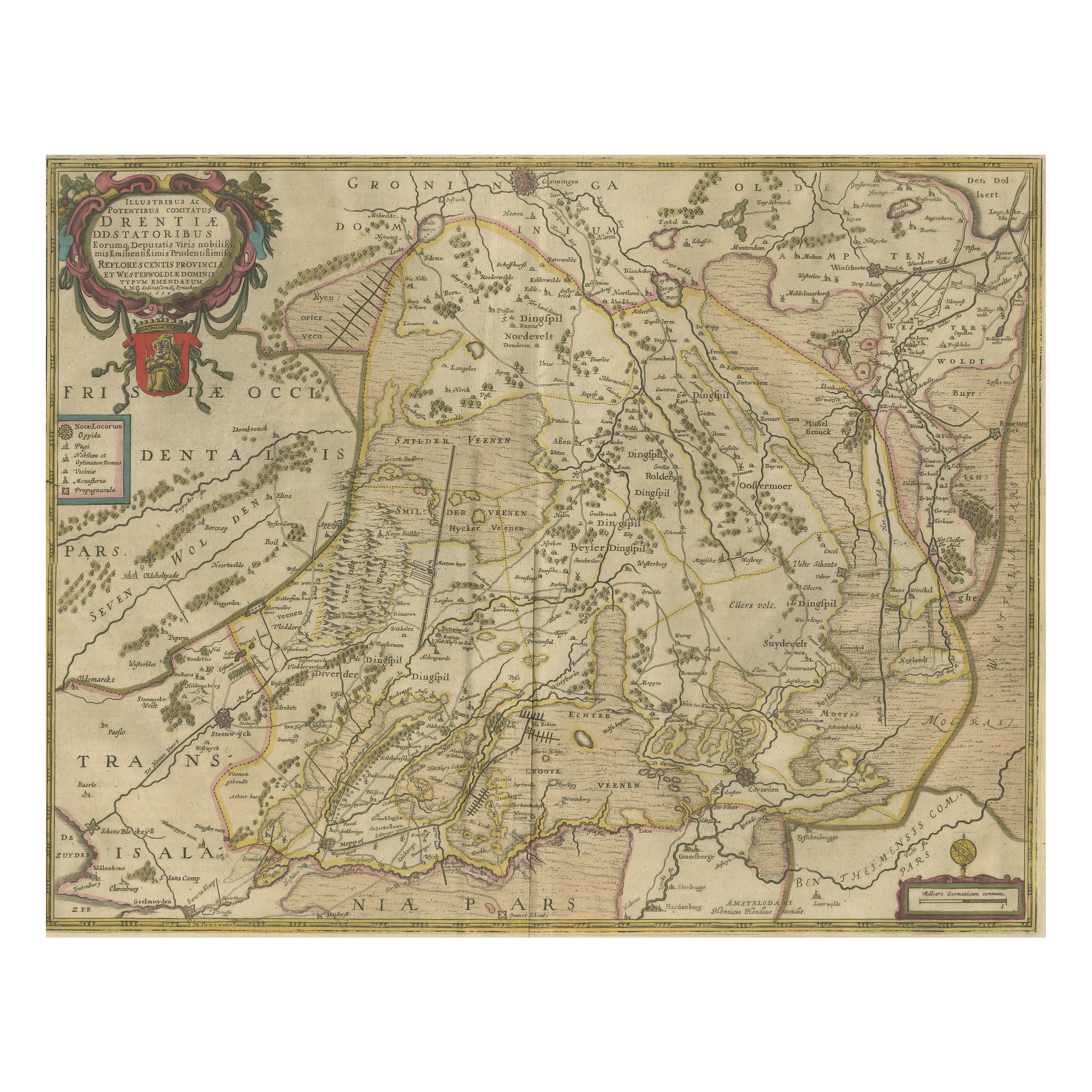 Carte ancienne de Drenthe, Pays-Bas, avec coloration à la main d'origine
