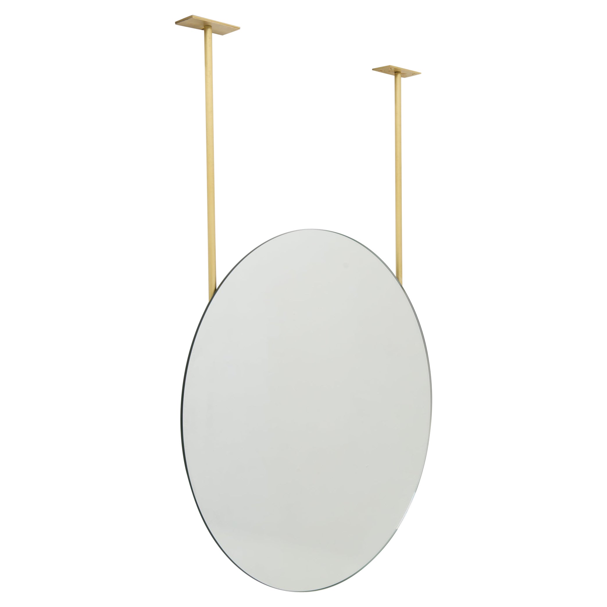 Round Orbis Frameless Ceiling Suspended Pendant Mirror with Two Brass Rods For Sale