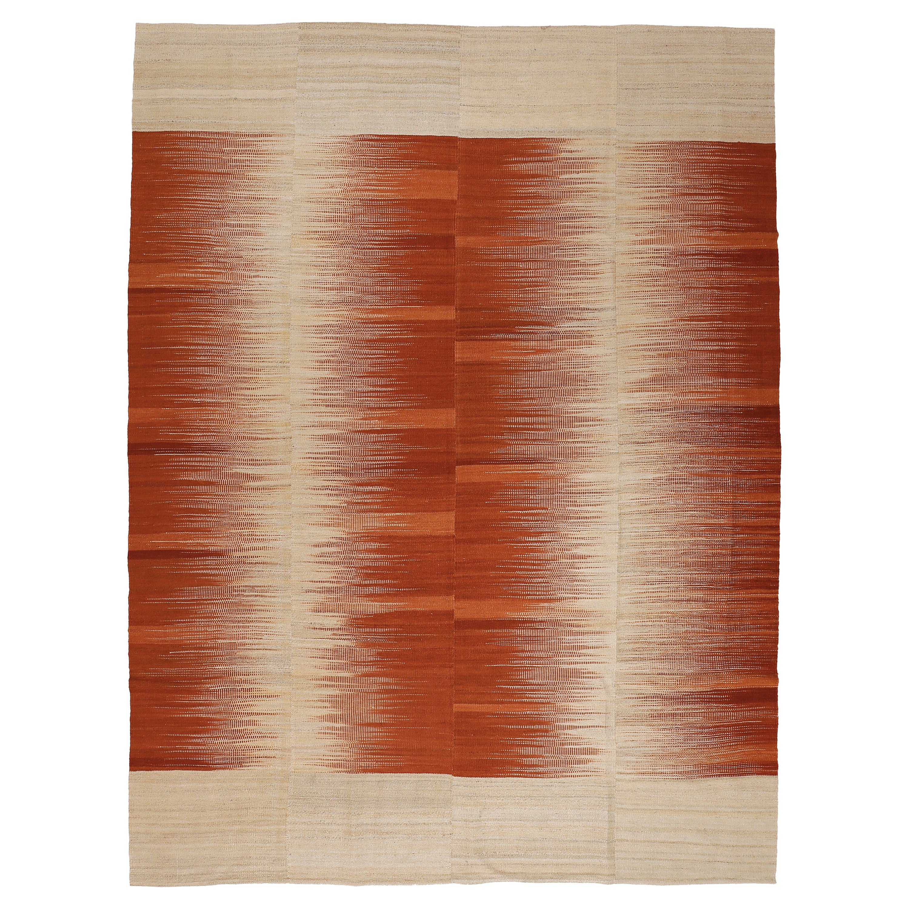 Minimalist Graphic Anatolian Kilim Rug with Brick Red Flame Pattern For Sale