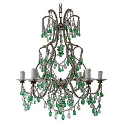 French, Beaded Maison Baguès Emerald Green Murano Drops Chandelier, 1920s Signed