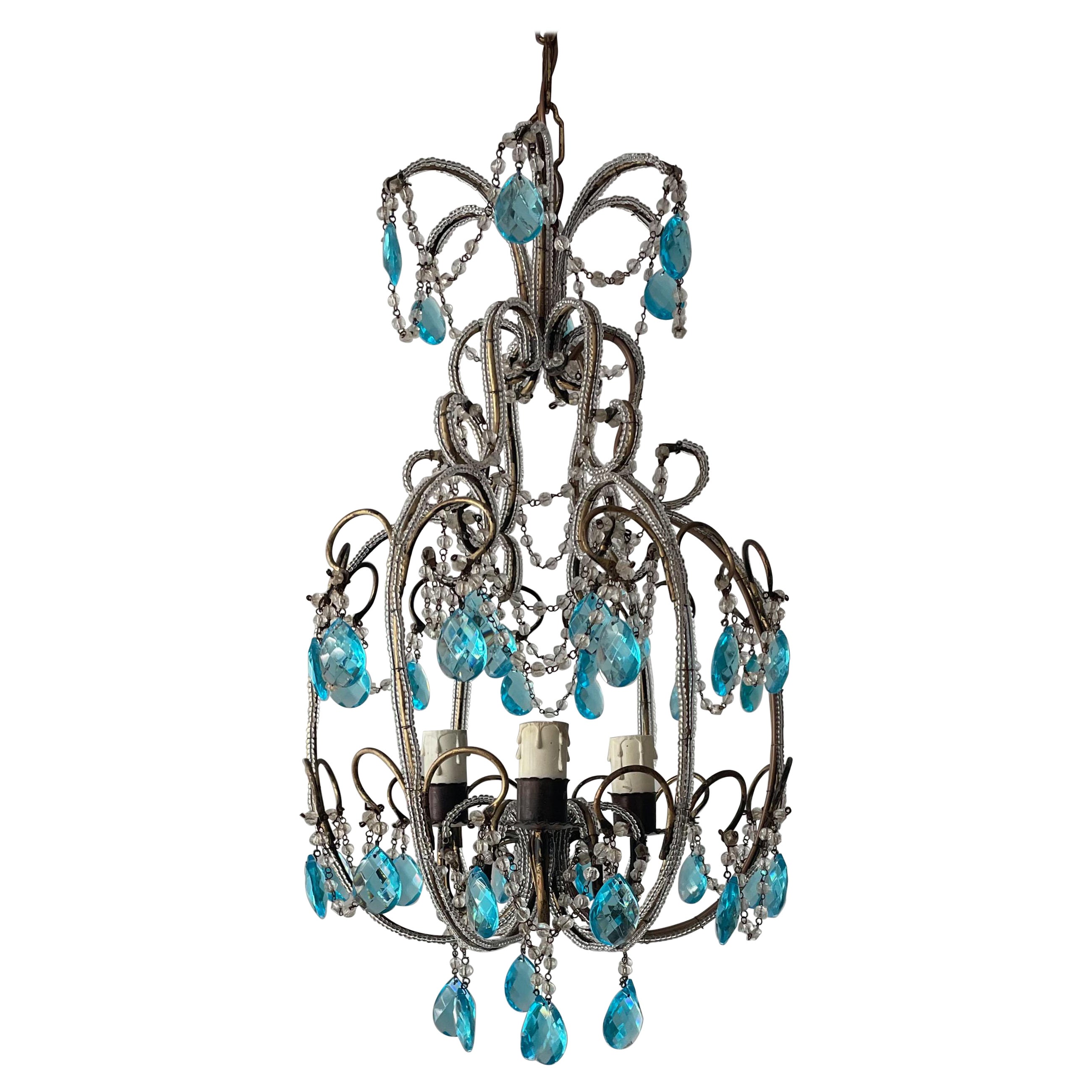 Italian Crystal Beaded Chandelier with Turquoise Glass Prisms 