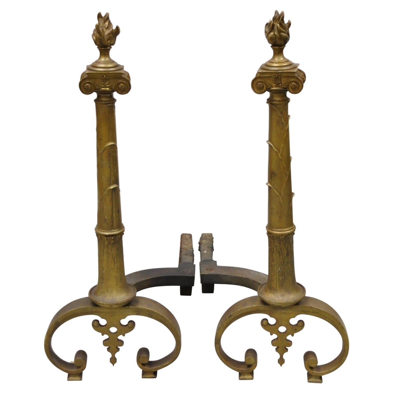 Antique French Empire Renaissance Style Torch Flame Finial Bronze Andirons Pair