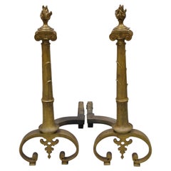 Antique French Empire Renaissance Style Torch Flame Finial Bronze Andirons Pair