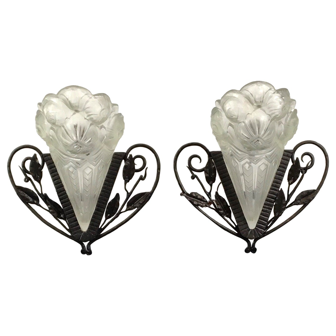  Pair of Art Deco Wall Scones with Molded Clear Frosted Glass, 2 Pair Available