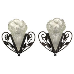 Used  Pair of Art Deco Wall Scones with Molded Clear Frosted Glass, 2 Pair Available