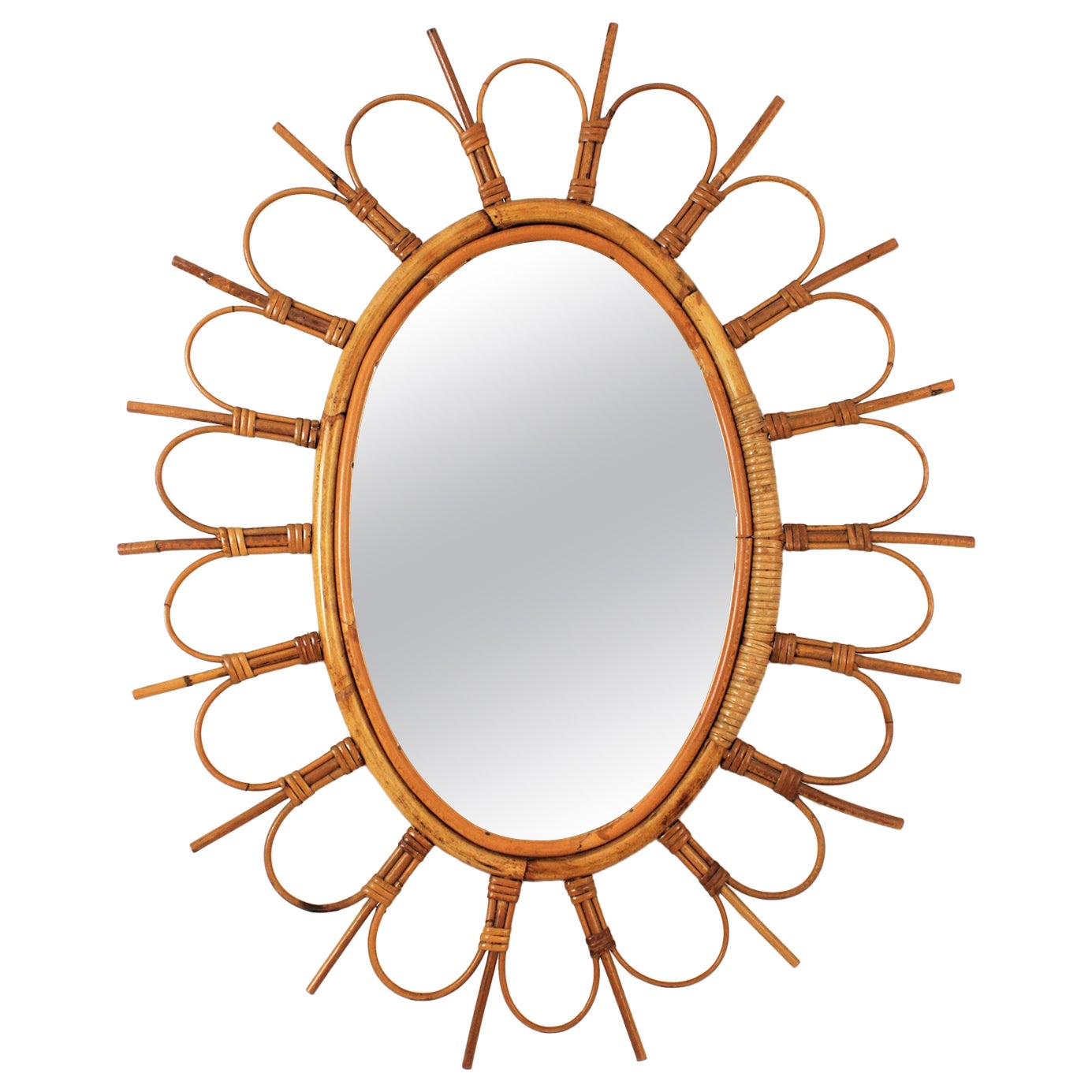 Rattan Oval Sunburst Flower Mirror from France, 1960s For Sale