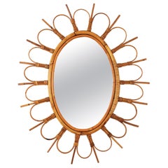 Vintage Rattan Oval Sunburst Flower Mirror from France, 1960s